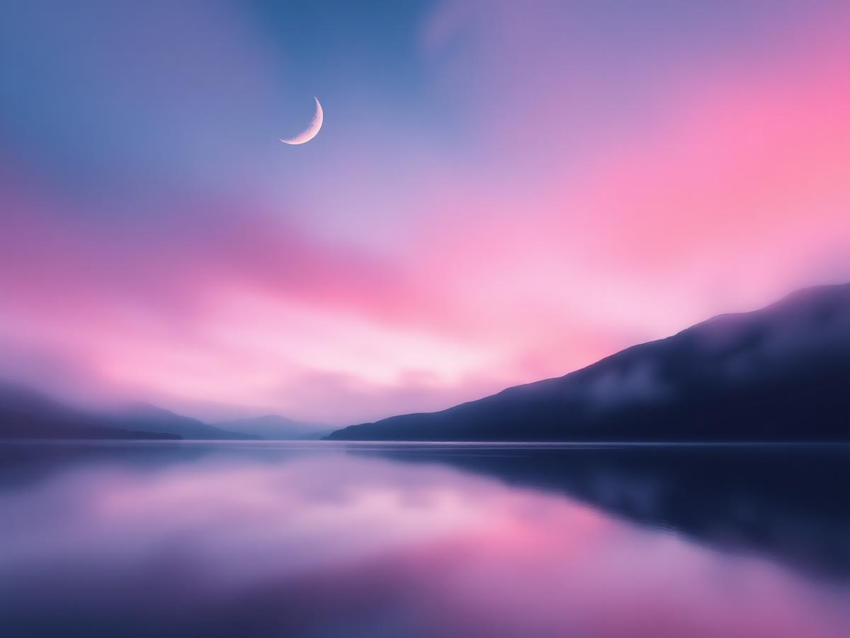 A still highland loch under a crescent moon with soft pink haze