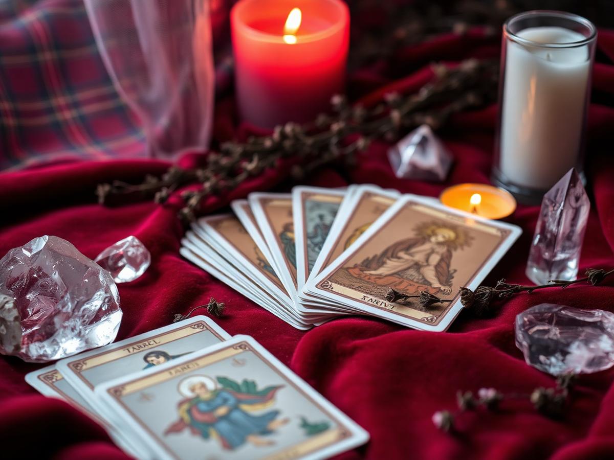 Tarot cards, crystals and candlelight on deep crimson velvet with a soft tartan backdrop